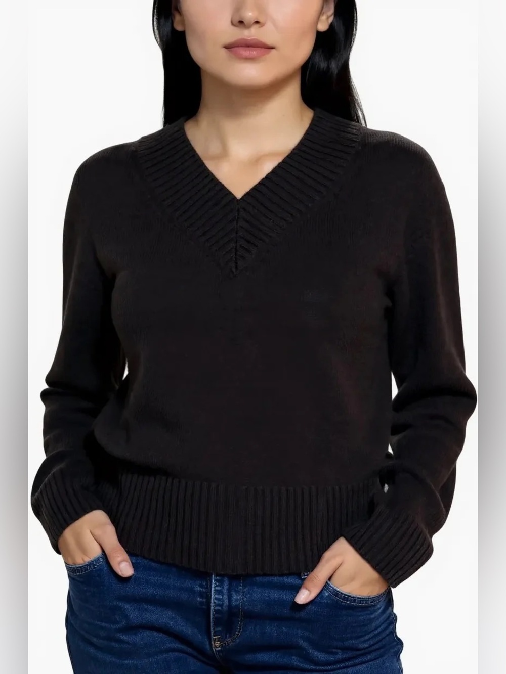 White + Warren 100% Cashmere Ribbed V-Neck Crop Sweater Espresso Dark Brown XS